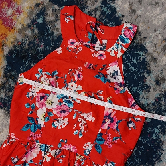 AUW Red Floral A-Line Retro Inspired Short Skater Dress with Open Lace-up Back - Picture 9 of 12